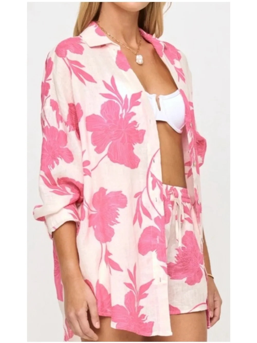 L*SPACE Women’s Size XS/S White & Pink Floral Linen‎ Rio Tunic Shirt Cover-Up